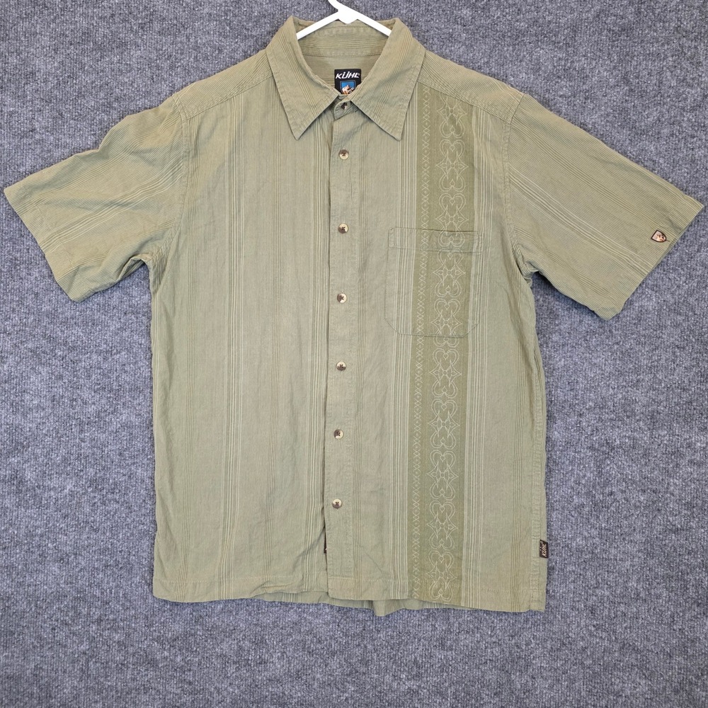 Kuhl Button Up Shirt Mens Medium Green Short Sleeve Jacquard Organic Cotton